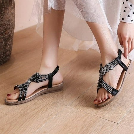 

Fidelma Women s sandals Summer Women Ladies Bohemian Elastic Crystal Flowers Flat Sandals Beach Shoes Black-36