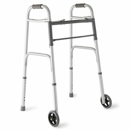 Medline Two-Button Folding Walker with 5  Wheels  Aluminum Frame