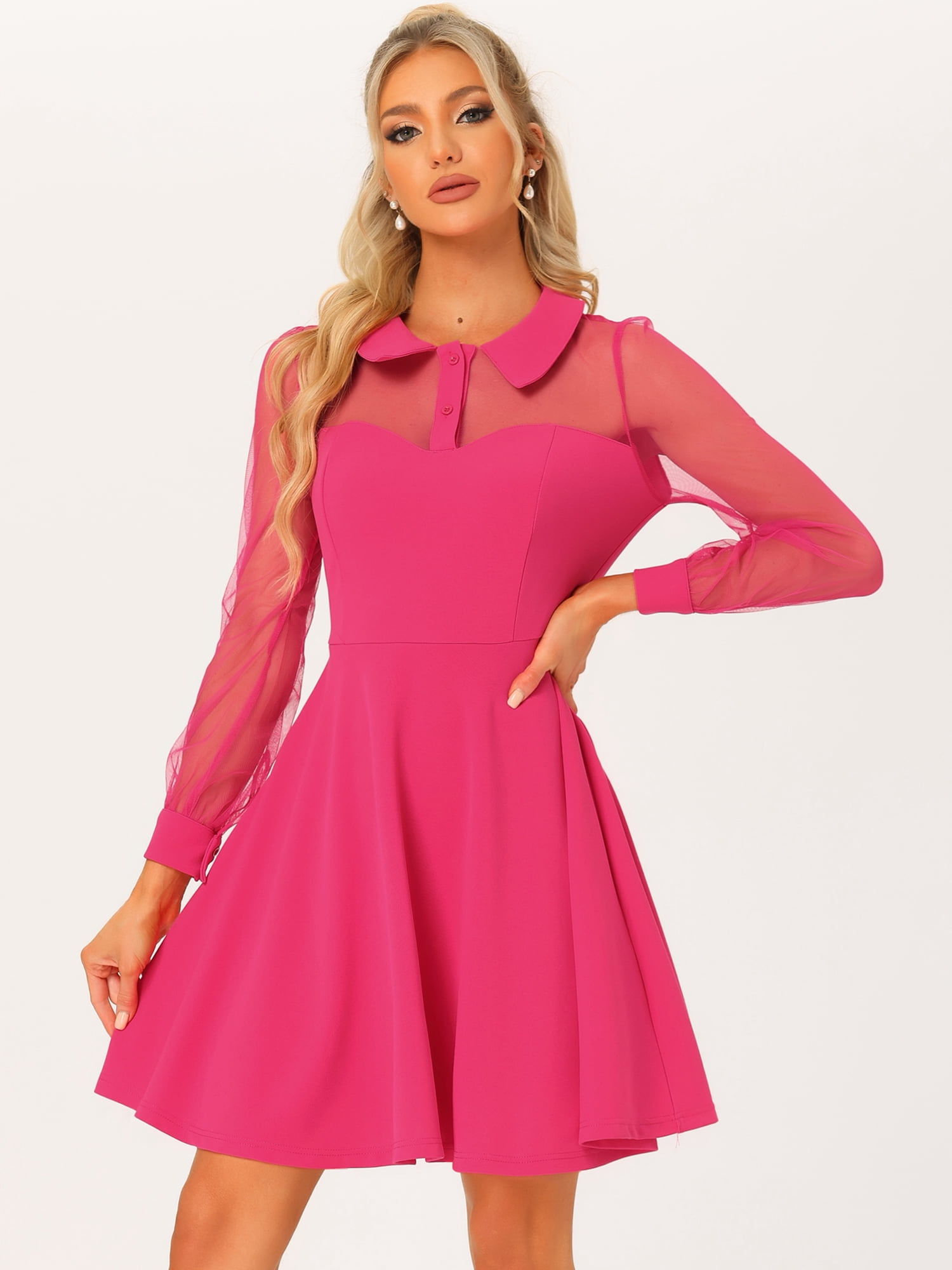 Unique Bargains Women's Retro Flat Collar Mesh Sheer Sleeve Flared Party Dress L Hot Pink