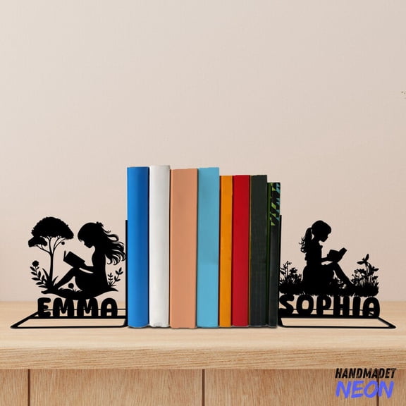 Handmadetneonsign Girl Reading Book Metal Bookends, Book Lover Name Bookend, Reading Table Bookshelf Decor 76749