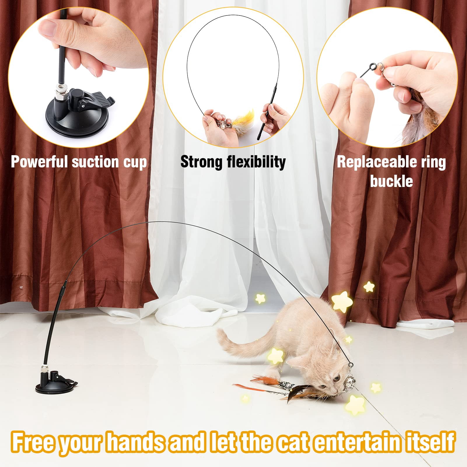 TETOU Interactive Bird Cat Toys Set, Cat Feather Toy with Self-Holding Suction Base, Flying Bird Cat Toys for Indoor Cats Kitten Play Chase Exercise -5 Replacement Birds