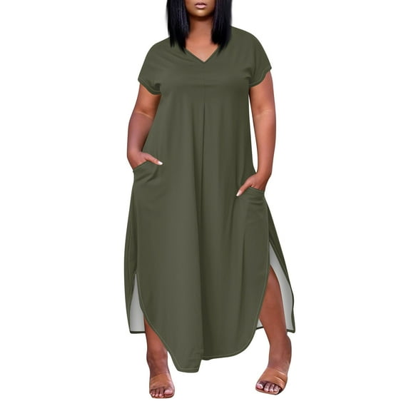 WTOBBY Women's Solid Color Slit Dress, Elegant Plus Size Short Sleeve V-Neck Casual Office Wear for Special Occasions Business Events and Cocktail Parties,Army Green L