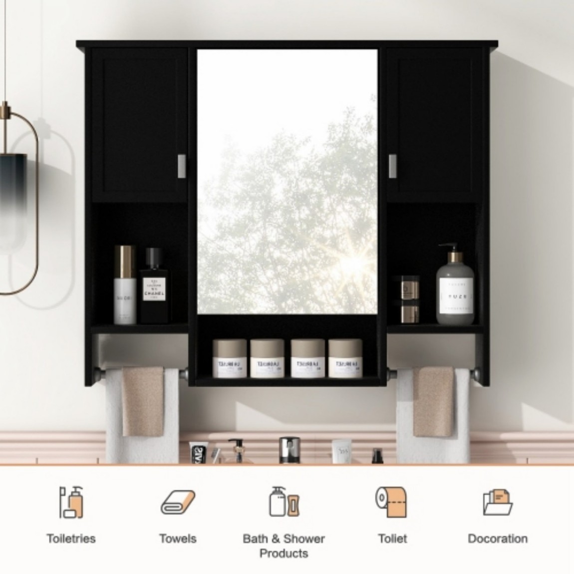 35"x 28" Wall Mounted Bathroom Medicine Cabinet with Mirror, Bathroom Storage Cabinet with Towel Bar, Adjustable Shelves, 3-Door MDF Wall Cabinet, Black