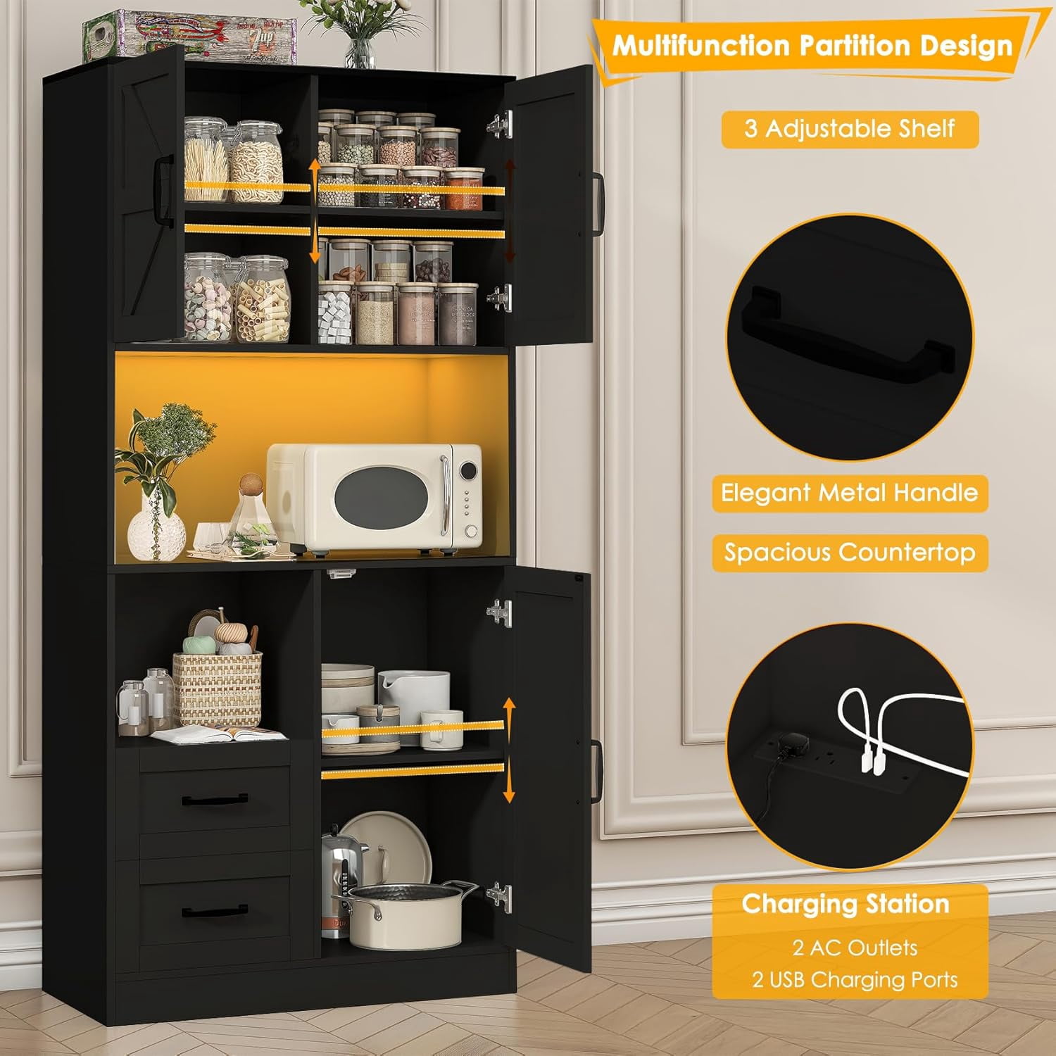 Winkalon 68'' Kitchen Pantry Hutch with Charging Station and LED Light, Buffet Storage Cabinet with Adjustable Shelves, Black