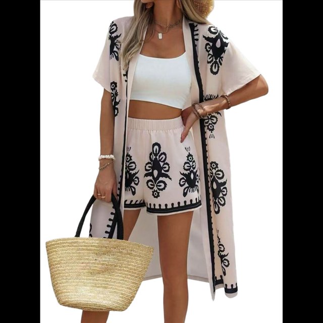 Bohemio Floral de Corta para Mujer, Talla Grande, con Abertura Frontal, Conjunto de 2 Piezas para Verano Negro Albaricoque XL
