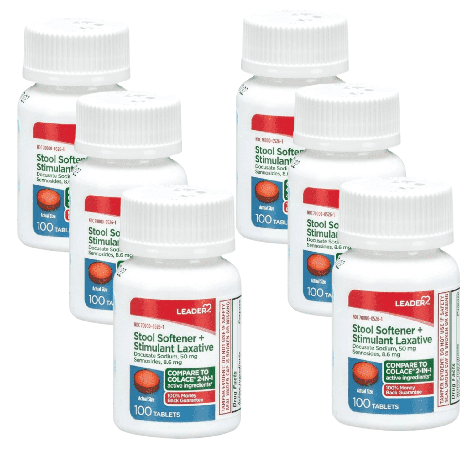 LEADER 2-in-1 Stool Softener & Stimulant Laxative, Docusate Sodium 50mg, Sennosides 8.6 mg, Gentle Occasional Constipation Relief for Adults, Both Men & Women, & Children Ages 6+, 100 tablets 6-Pack