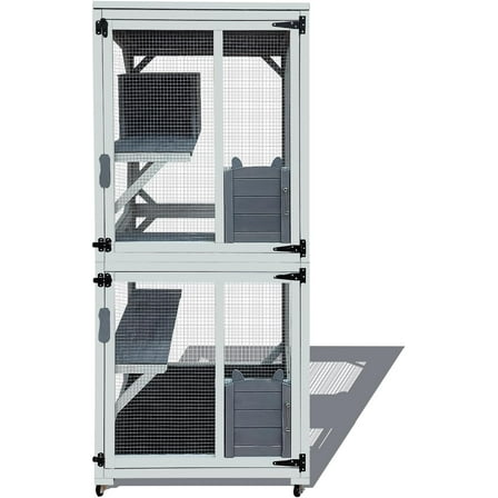 Large Outdoor Cat Enclosure, 71-inch Double-Level Catio with Wheels, 4 Platforms, Sliding Doors, Gray