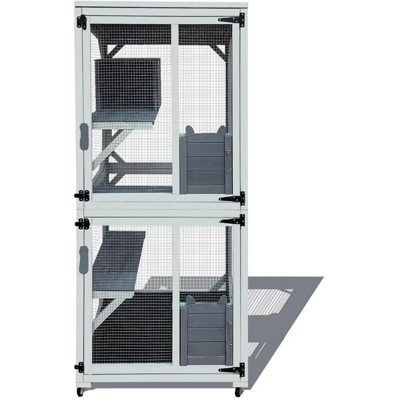 Large Outdoor Cat Enclosure, 71-inch Double-Level Catio with Wheels, 4 Platforms, Sliding Doors, Gray