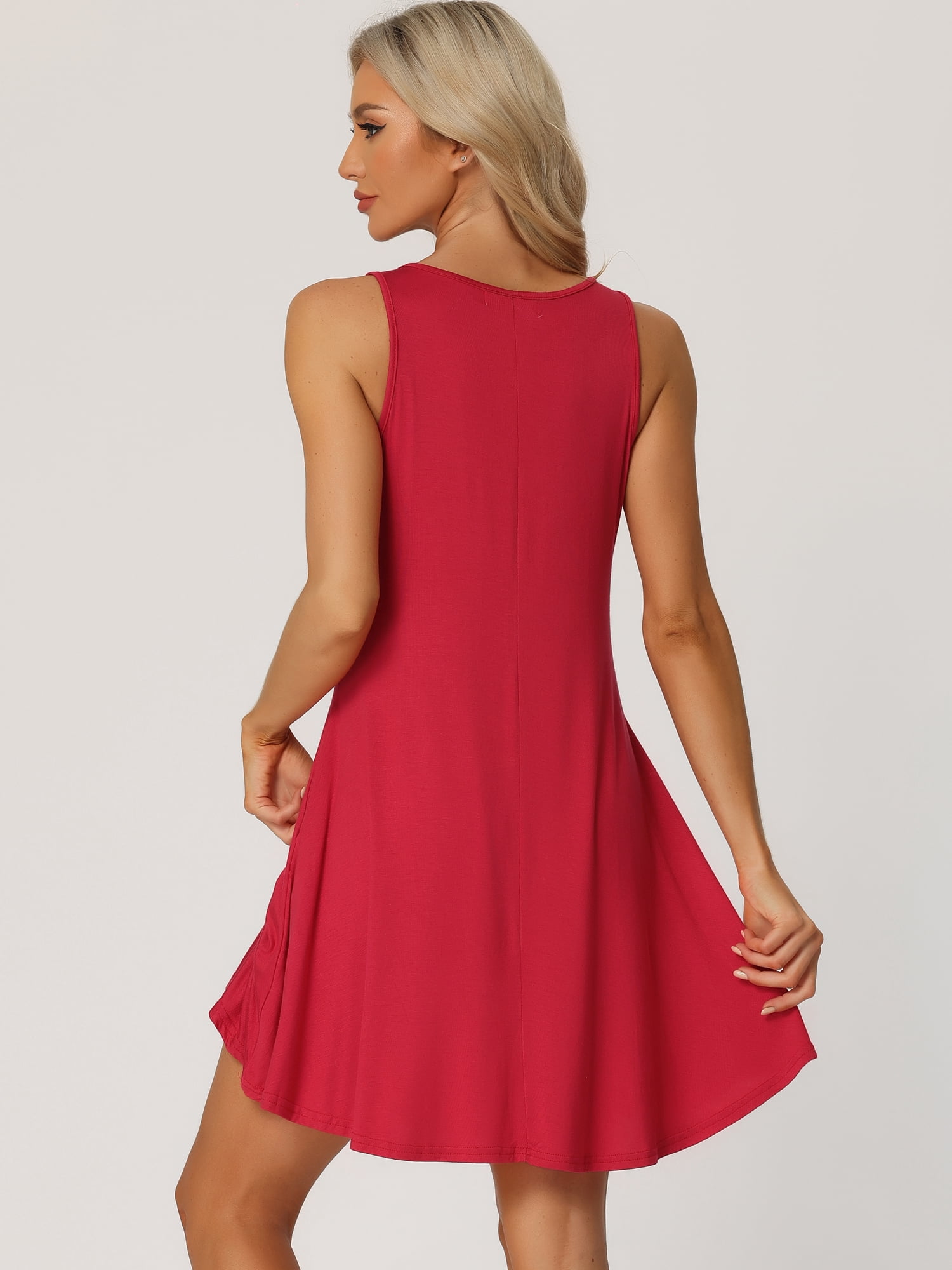 DARING DIVA Women's Sleeveless Tank Dress Basic Nightgown with Pockets S Red