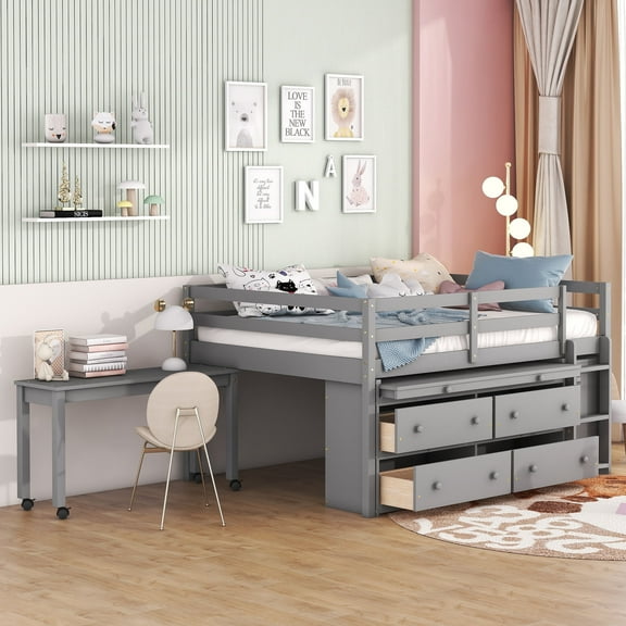 Harper & Bright Designs Full Size Low Loft Bed with Retractable Writing Desk and 4 Drawers, Wooden Loft Bed with Lateral Portable Desk and Shelves, Gray
