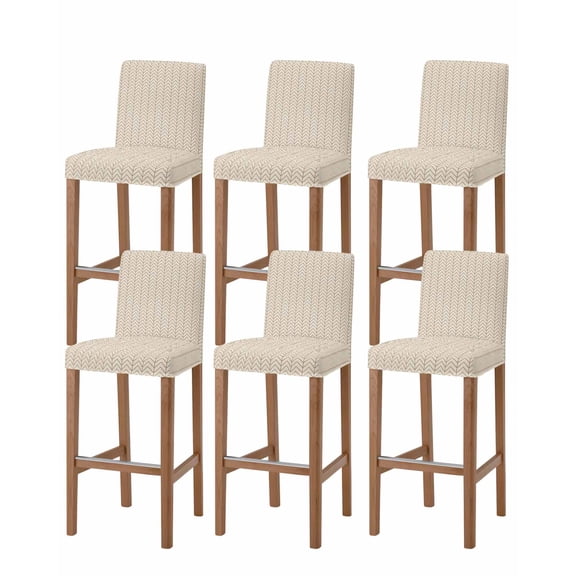 Simple Line Linen Texture Bar Stool Covers Set of 6, Beige Modern Art Geometric Stretch Washable Bar Chair Covers with Backs, Removable Pub Counter Height Chair Cover for Kitchen Dining Room Cafe
