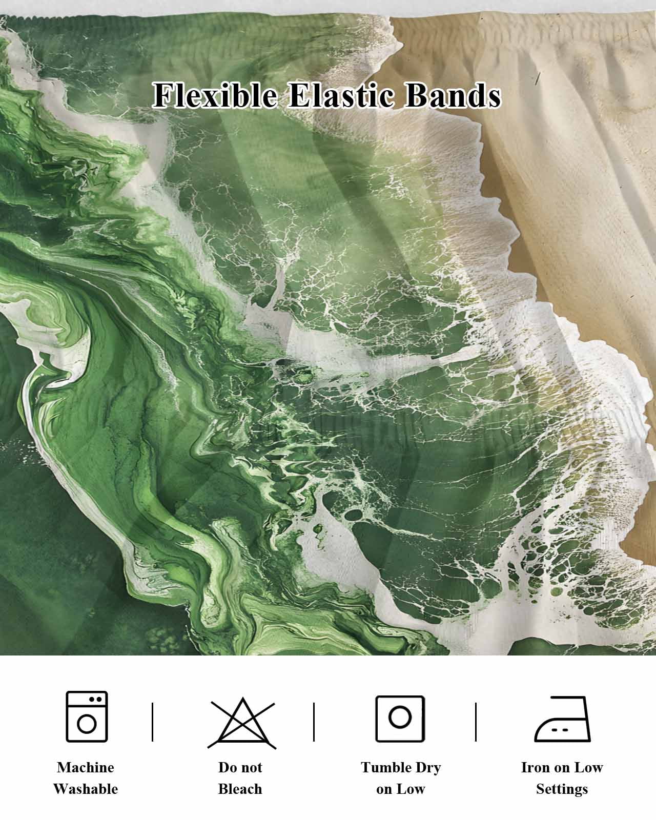 Dark Green Bed Skirt Queen Size 18" Drop Beige Gradient Ocean Wave Abstract Beach Coastal Ruffled Wrap Around Bed Skirts Adjustable Elastic Bedskirt Dust Ruffle for Queen Size Bed
