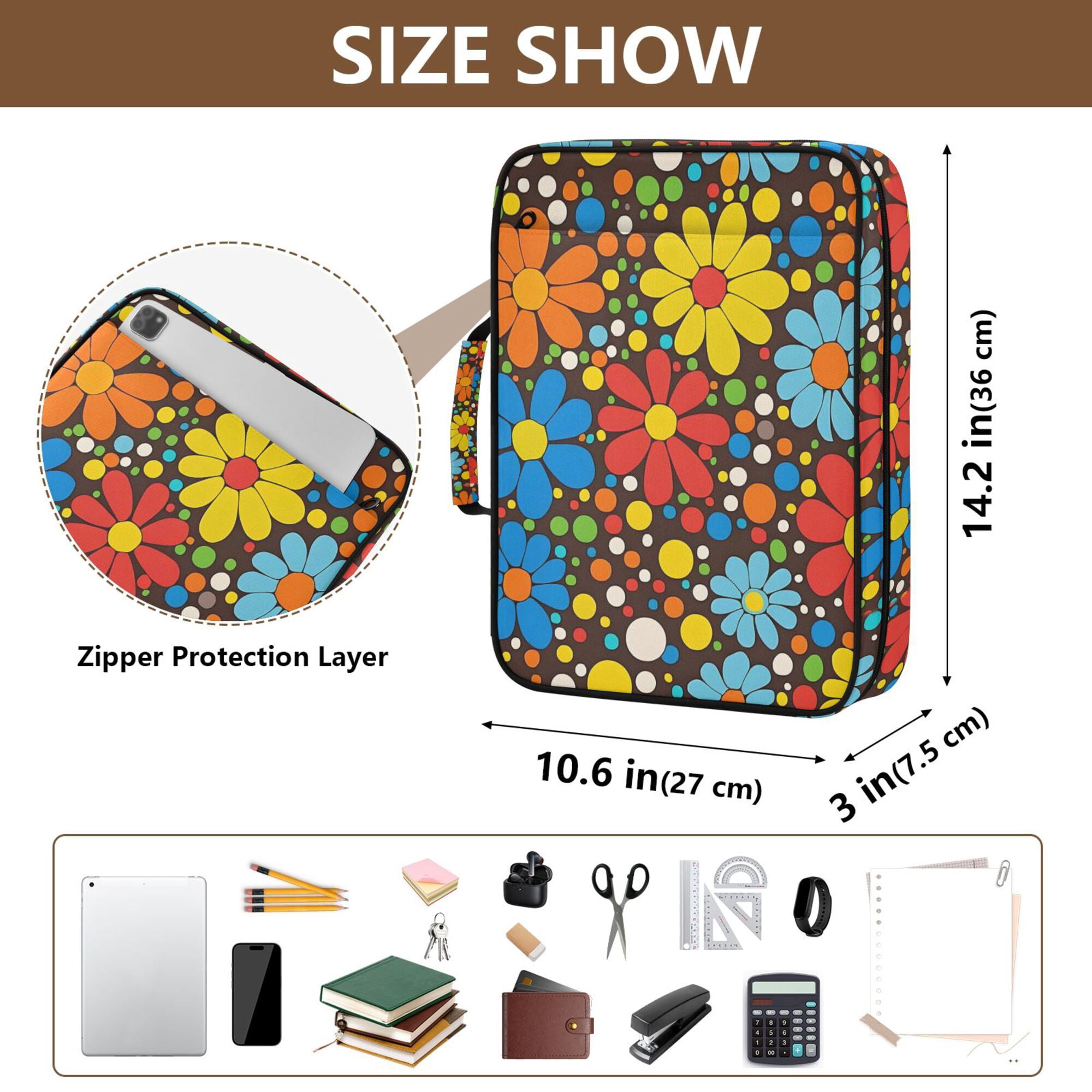 FORMRS Accordion File Folder A4 Size 7-Pocket Expanding Document Organizer Bag with 3 Ring Binder, Cartoon Flowers