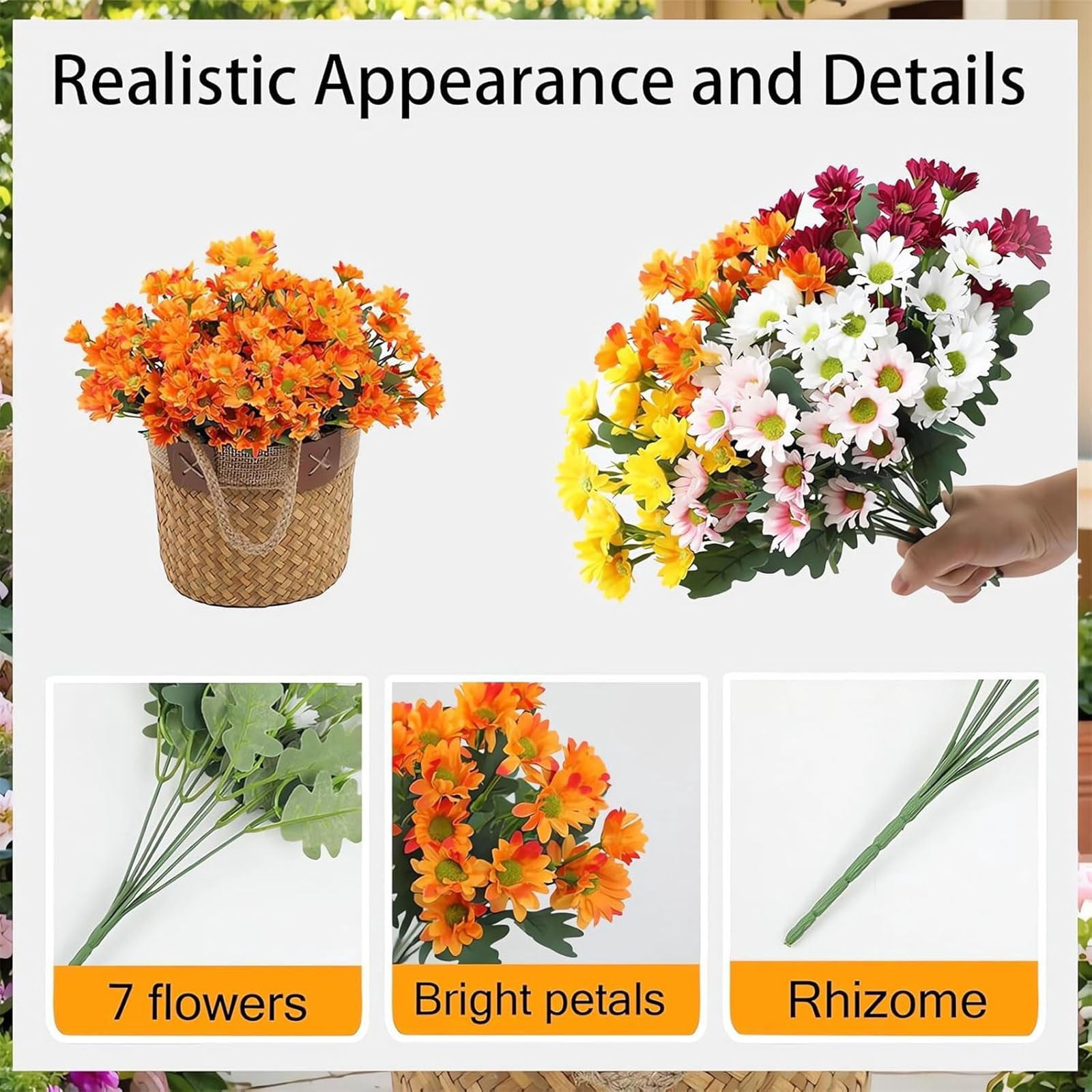 10PC 10-Bundle Artificial Chrysanthemums, UV-Resistant Outdoor Fake Flowers for Garden, Patio, Porch Decor,orange red,Multicolor 1