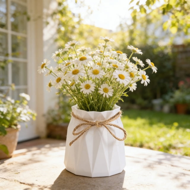 Sokhug Farmhouse Rope Wrapped Plastic Vase - Faux Ceramic Centerpiece for Living Room, White