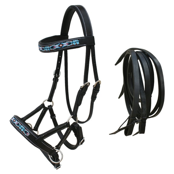 Horse Western Black Leather Beaded Bitless Padded Sidepull Bridle w/ Reins 77RS14BK