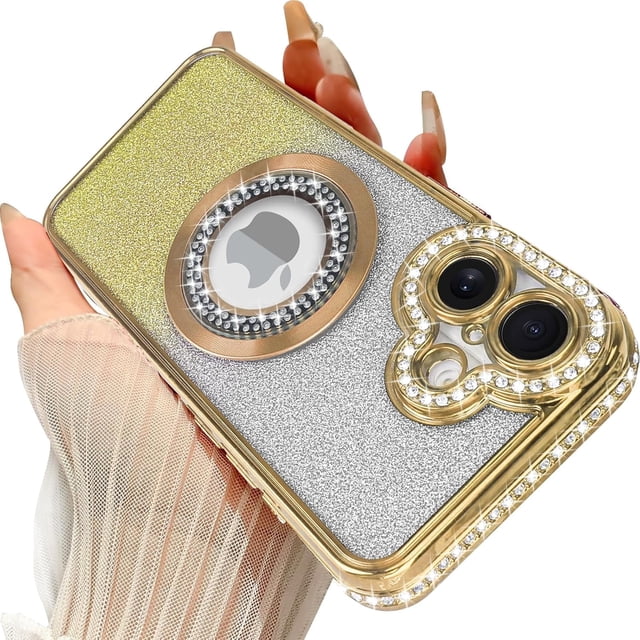 Compatible with iPhone 17 Magnetic Glitter Case Compatible with Magsafe Luxury Bling Rhinestone Case with Logo View Plating Sparkle Diamond Camera Lens Protection for Women Girls