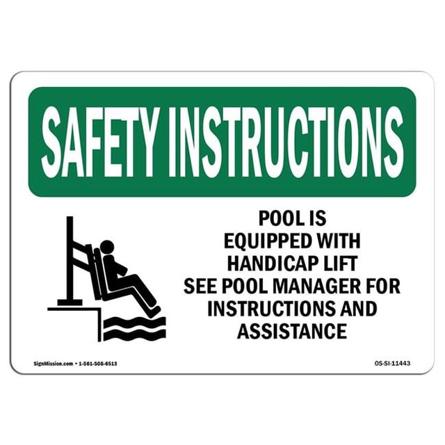 SignMission OS-SI-A-1218-L-11443 Panneau d'Instructions de Sécurité OSHA 12 x 18 Po - la Piscine Est Équipée d'Un Handicap avec Symbole