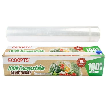 100% Compostable Plastic Cling Wrap Dispenser With Slide Cutter 12 inch Food Service Cling Film Wrap Roll - 12" x 360 Ft ECO friendly Food Wrap
