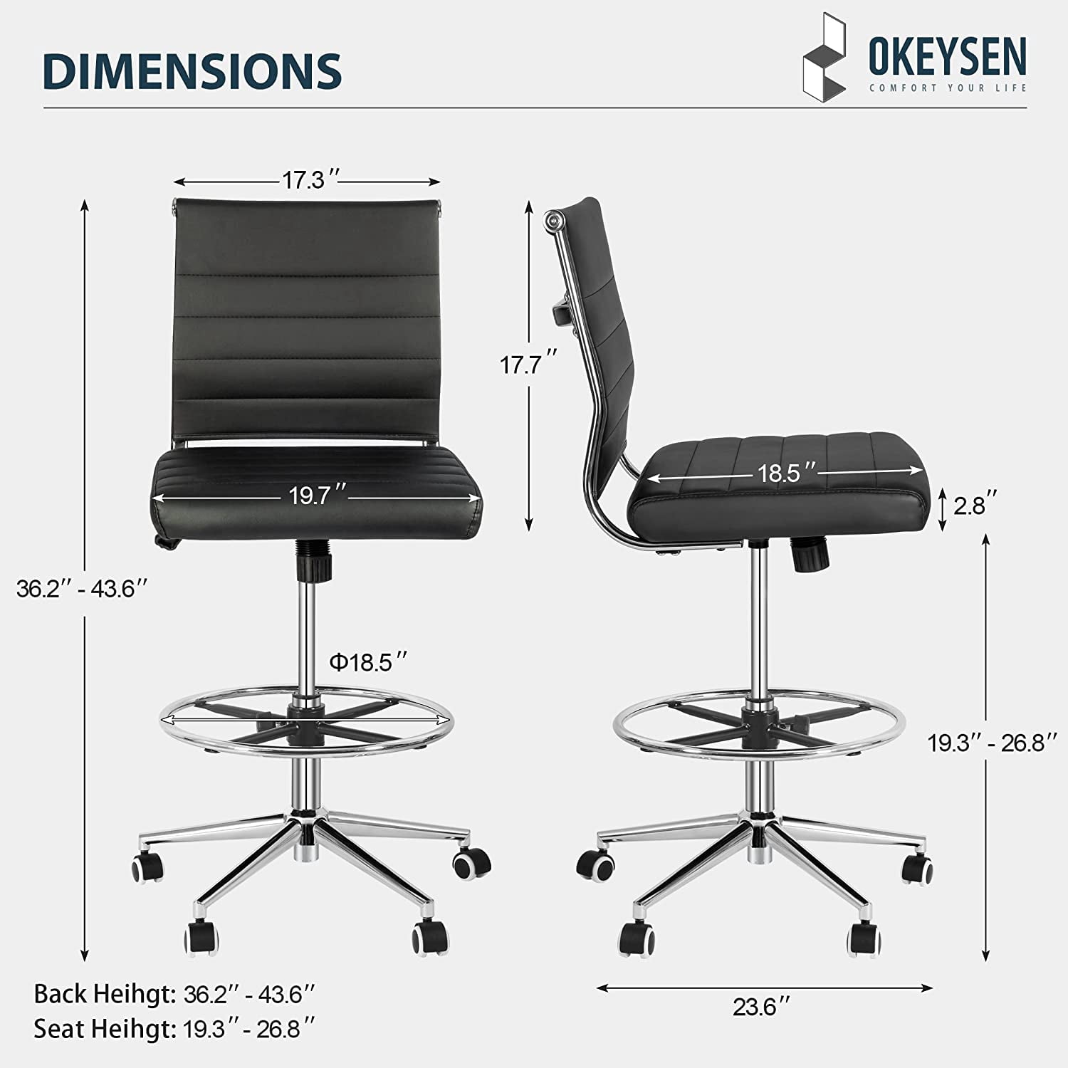 Drafting Chair Armless Desk Stool, 400 LBS Ergonomic Leather Tall Office Chair with Adjustable Foot Ring, Modern Standing Desk Chair with Ribbed Mid Back, Swivel Rolling Drafting Stool.