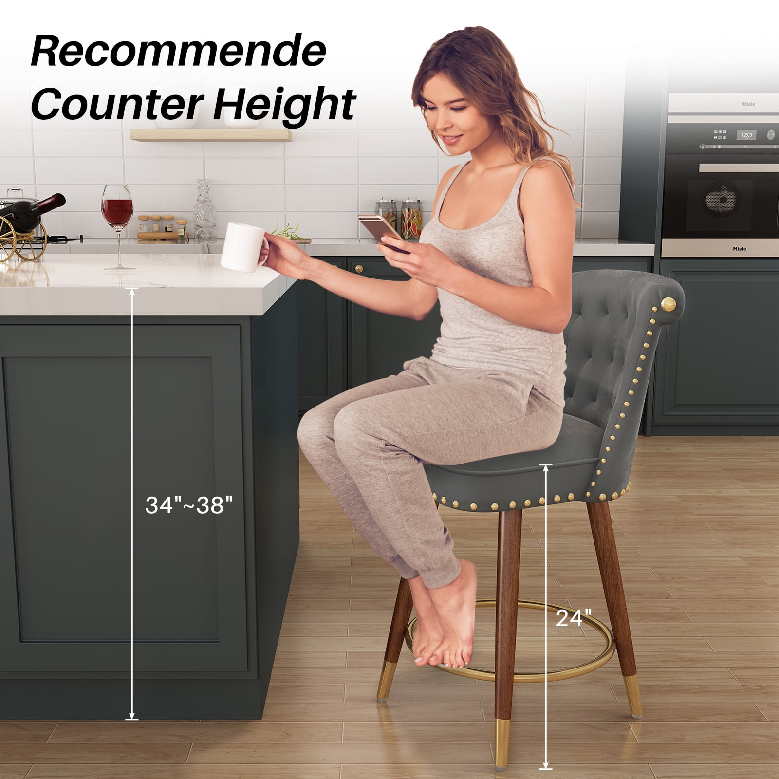 HomeZeer 24" Counter Height Bar Stools, Swivel Low Back Kitchen Barstool, Velvet Upholstered Square Seat Bar Chair with Wood Legs, Grey (Set of 2)
