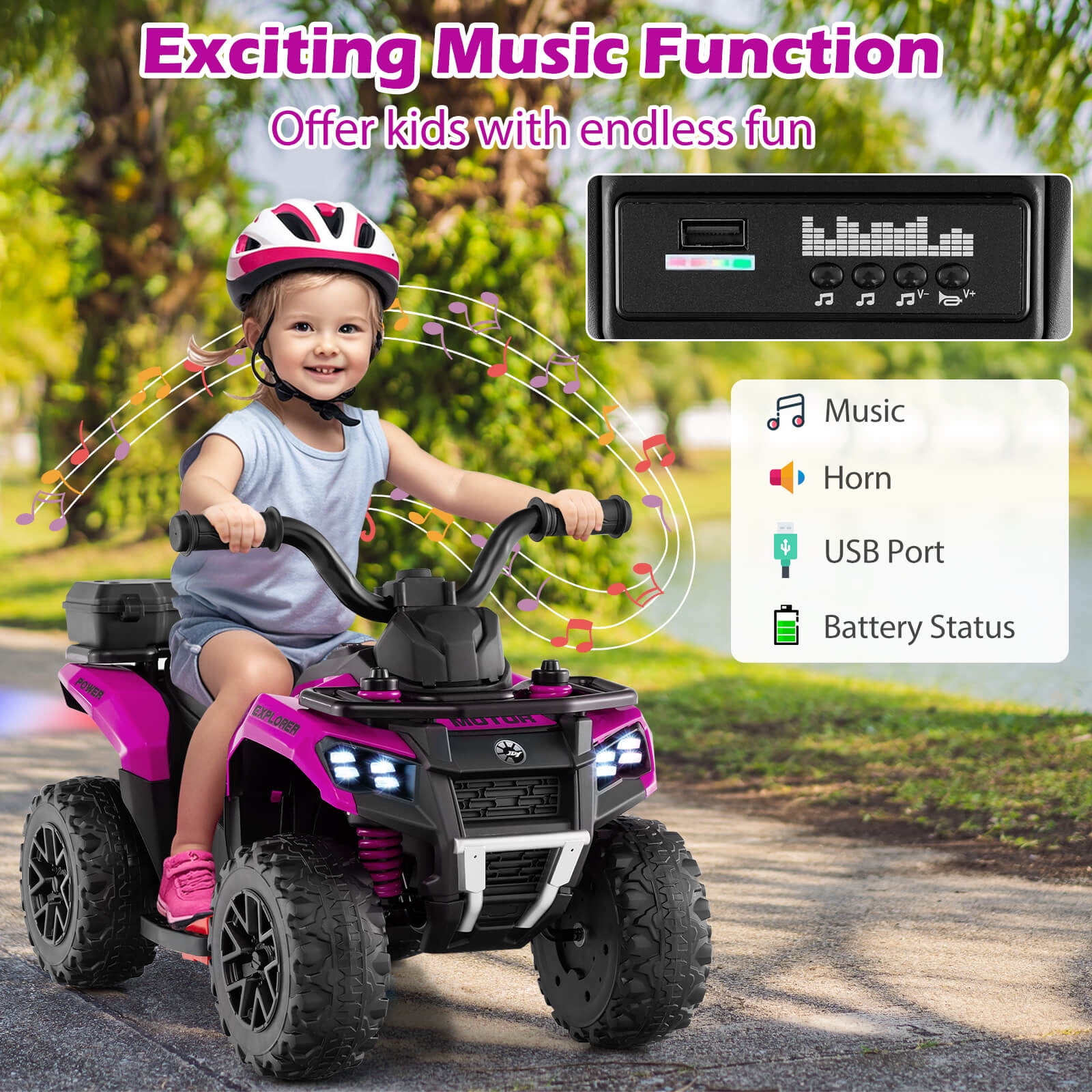 Infans 6V Kids Ride On ATV w/ Music & Spray Function USB Port Storage Box Toy Car
