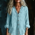 thumbnail image 5 of Nmnitkp Long Sleeve Shirts for Women Cotton Linen Button Down Shirt Stand V Neck Roll Up Long Sleeve Loose Fit Casual Blouse for Fall Work Daily Loungewear Light Blue,XL, 5 of 7
