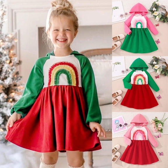 THDHVS Girls' Dresses,Girls Print Mesh Panel Hooded Dress Long Sleeve Fall Winter Princess Dresses,Girls Long Sleeve Dress 5-6 Years