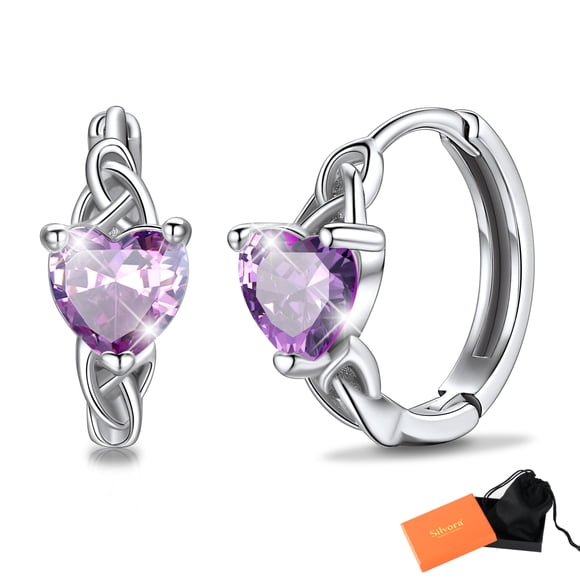 Pendientes de aro de plata de ley con piedras natales Silvora para mujer. Diamantes creados. Delicada joya de regalo para cumpleaños o Navidad