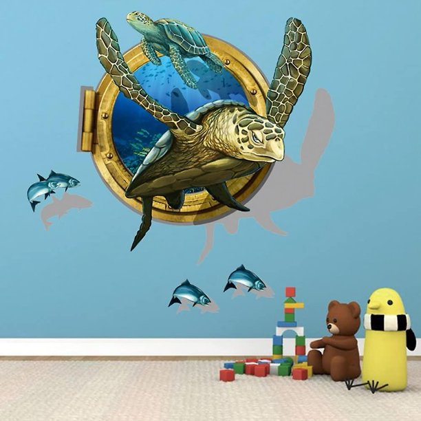 Pegatinas de pared de vinilo autoadhesivas 3D removibles para romper a través de la pared/murales calcomanías artísticas decorador a favor de los niños (tortuga marina grande (23,6