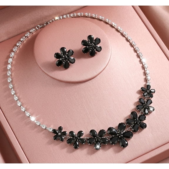 AEXTO Elegant Silver Flower Rhinestone Jewelry Set for Women – 3-Piece Petal Statement Necklace, Stud Earrings & Adjustable Ring – Sparkling Crystal Floral Wedding Bridal Party Accessories