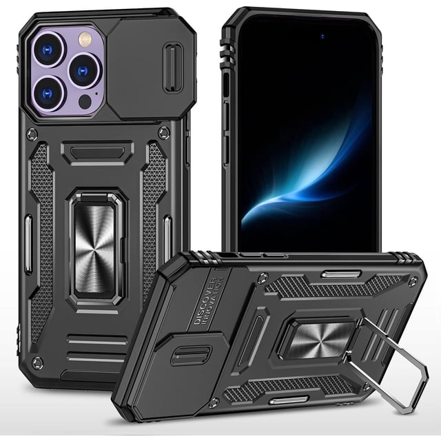 Funda para iPhone 14 Pro, resistente, de grado militar, a prueba de golpes, con cubierta deslizante para lente, soporte integrado, funda duradera de doble capa para iPhone 14 Pro (negro)