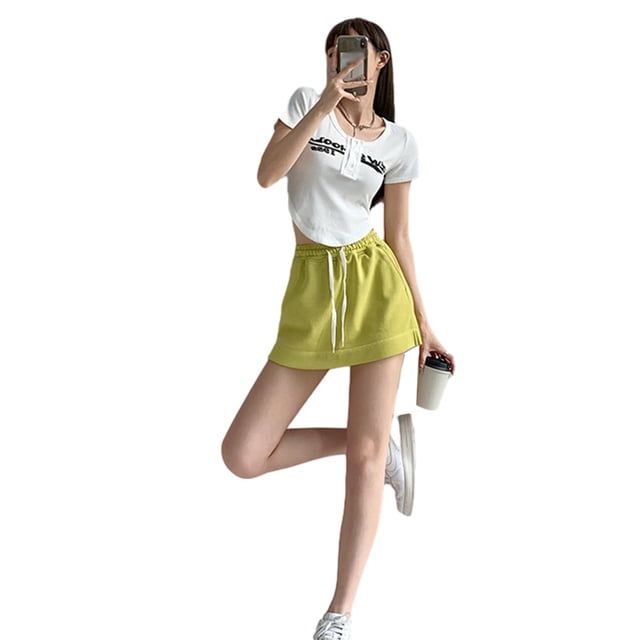 pitrice Jupe-Short pour Femmes Robe Unie Décontractée à Cordon Mini Ligne A Mode Taille Haute Été Style Coréen pour Sport Fruit Vert P