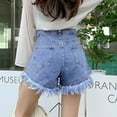 thumbnail image 4 of LINGLANG Women's Street Style Frayed Edge Design Denim Shorts High Waisted Washed Jean Shorts Fashionable Distressed Summer Denim Bottoms for Daily, 4 of 7