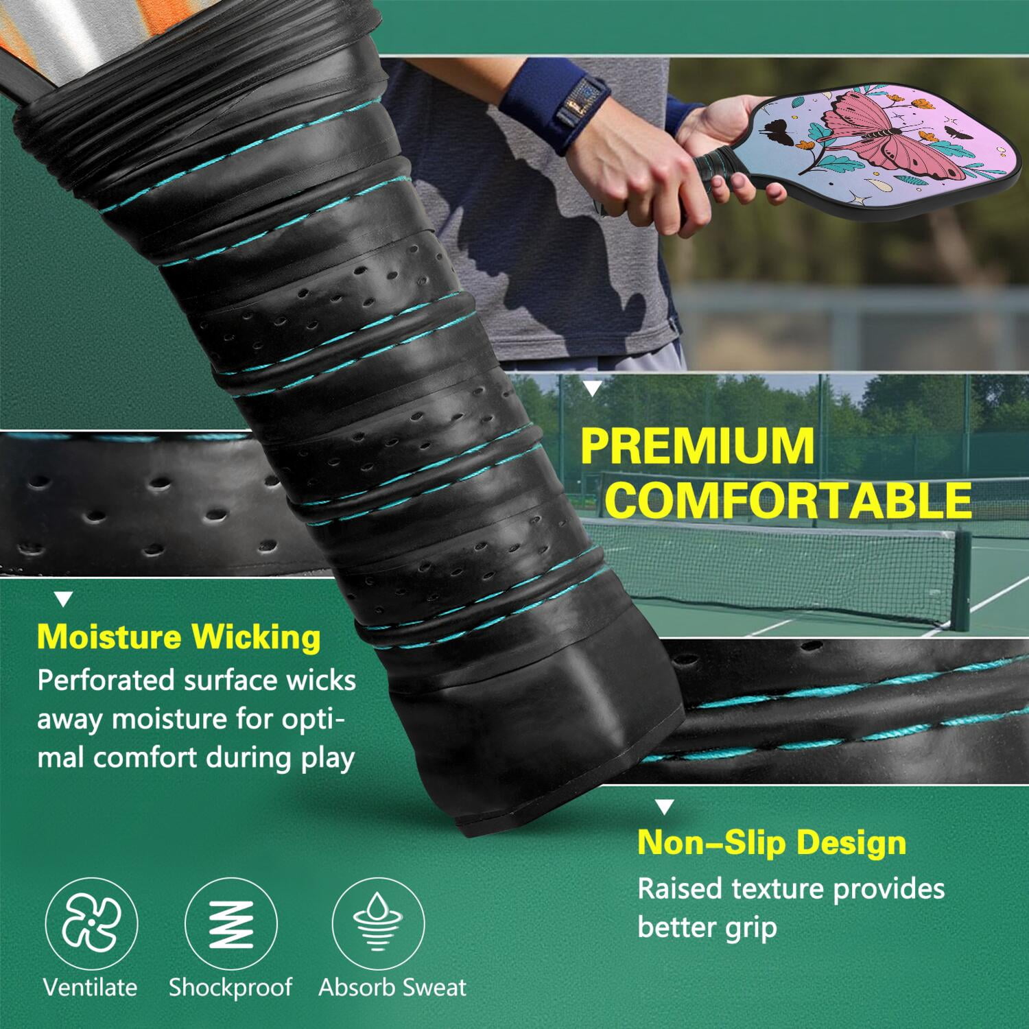 Pickleball Paddles Set Of 2, Fiberglass Surface, Butterfly Print, 4 Balls & Bag