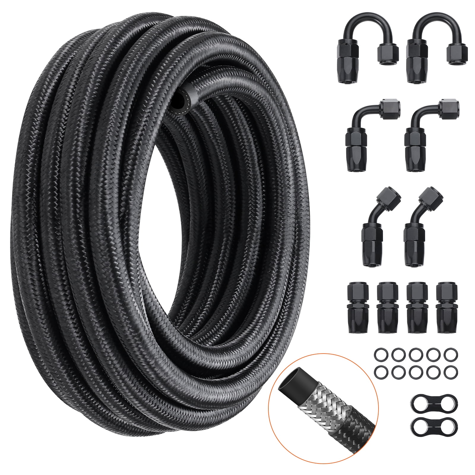KFFKFF 8AN Fuel Hose Set, 20 FT, 0.43" Nylon & Stainless Steel Woven Oil/Gas/Diesel Line with 12 PCS Rotating Adapter Fittings, Black