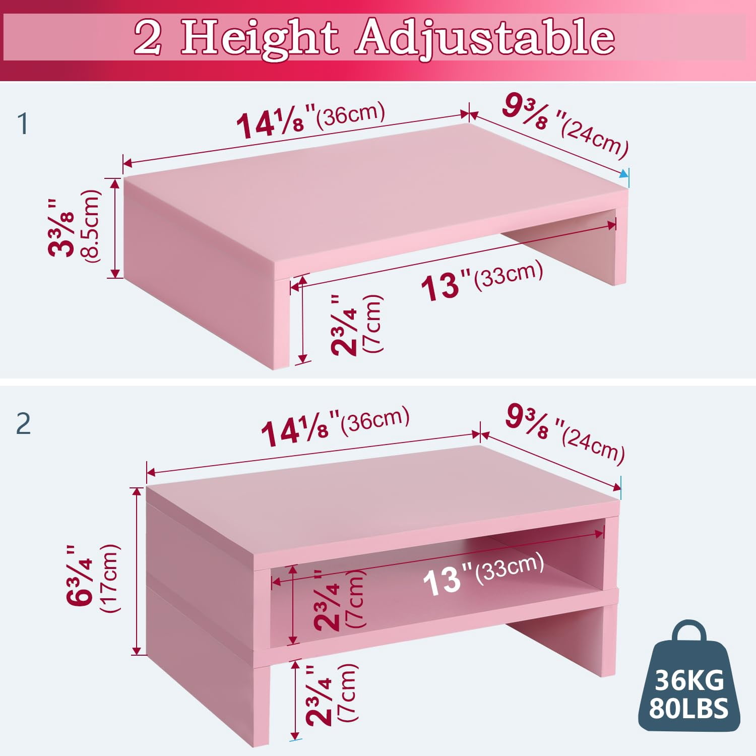 Pink Monitor Stand Riser-2 Pack Wood 2 Tier Adjustable Dual Riser For 2 Monitors/laptop/pc Computer Desk