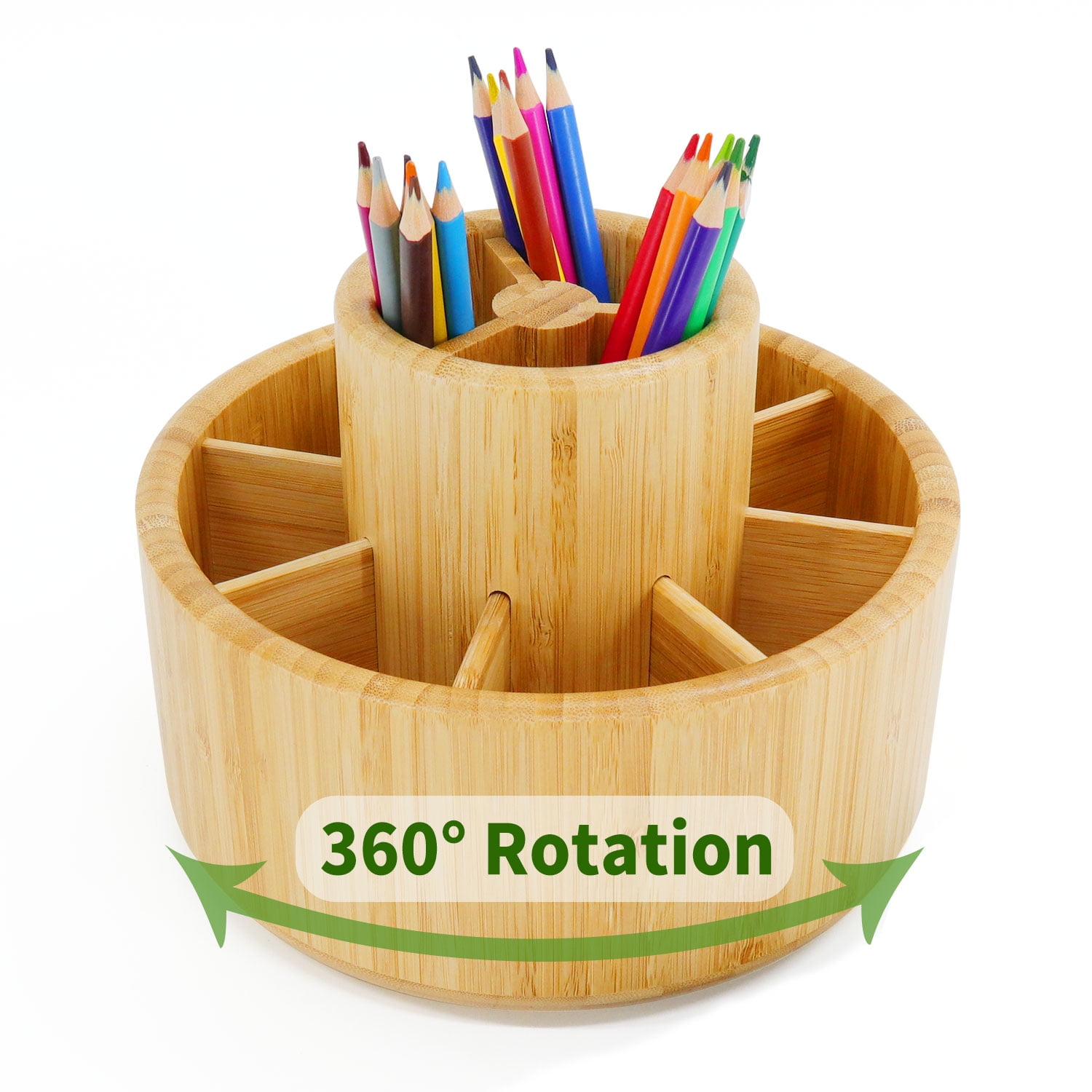 Pencil Holder Desk Organizer with 7 Compartments Bamboo Rotating Round Art Supply Organizer Markers Paint Brushes and Cooking Utensil Office Supplies Desktop Storage Caddy for Colored Pencils 