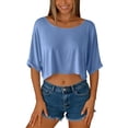 thumbnail image 6 of AKOEE Crop Tops for Women Loose Casual Off Shoulder Wide Boatneck Short Sleeve Summer Cute Tee Shirts (L, Blue), 6 of 7