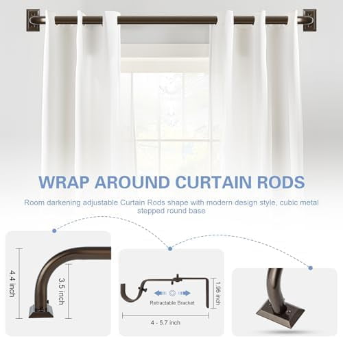 Bronze Wrap Around Curtain Rods 28 to 48 Inch:Blackout Heavy Duty Adjustable Window Curtain Rod Room Darkening,1Inch Modern Industrial Curved French Return Metal Drapery Rod Easy Install,Brown