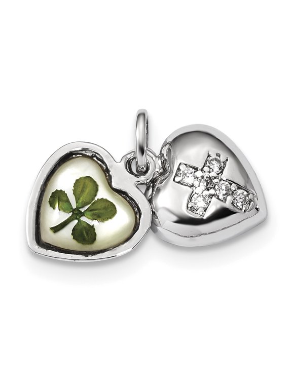 Beautiful Sterling Silver Platinum Plate Leaf Clover Epoxy & Shell CZ Heart Charm
