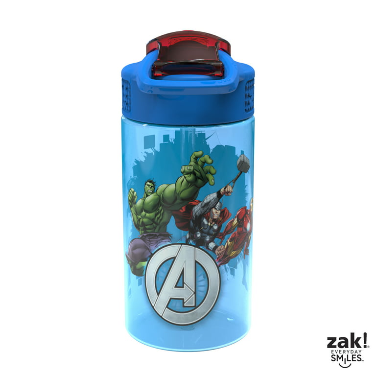 Zak Designs Kids Durable Plastic Spout Cover and Built-in Carrying Loop, Leak-Proof Water Design for Travel, (16oz, 2pc Set), Marvel Avengers