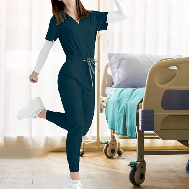 Conjunto de uniforme médico, trajes de trabajo, camiseta y pantalones de enfermera, uniforme médico de enfermería para mujer, ropa de trabajo de manga Azul