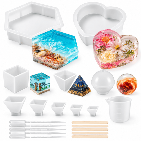 16 Piece Silicone Mold DIY Resin Kit - Create Stunning Epoxy Art with Large Tray Molds for Flowers - Perfect Starter Set with Various Shapes