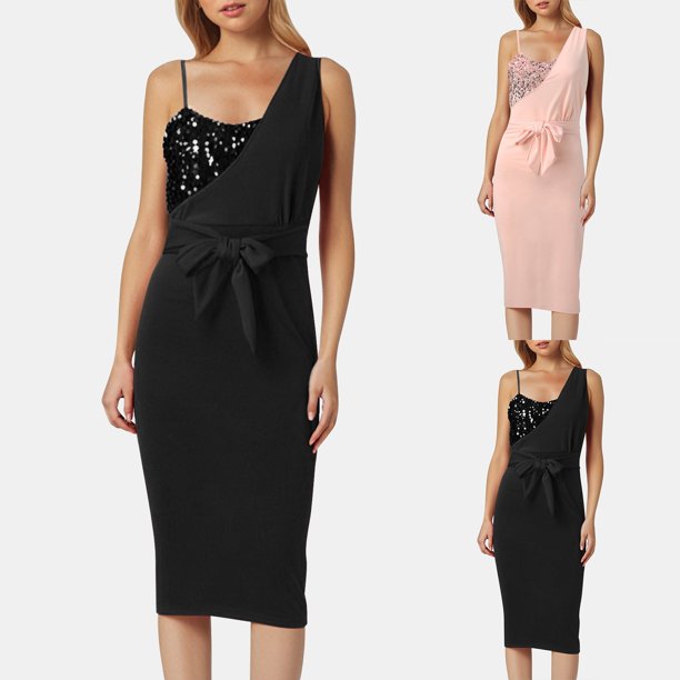 WILLBEST Vestidos de Verano para Mujer Vestidos de Mujer sin Mangas Un Hombro Vestido Irregular con Lentejuelas Vestido Cruzado Vestido con Cinturón Grande
