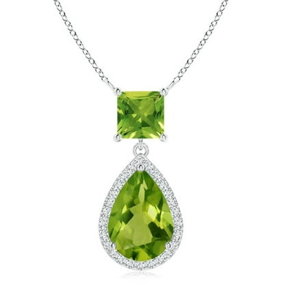 10x7mm Pear Pendant (Mother's Day Jewelry - Square and Pear Peridot Pendant with Diamond Halo in 14K White Gold (10x7mm Peridot) -)