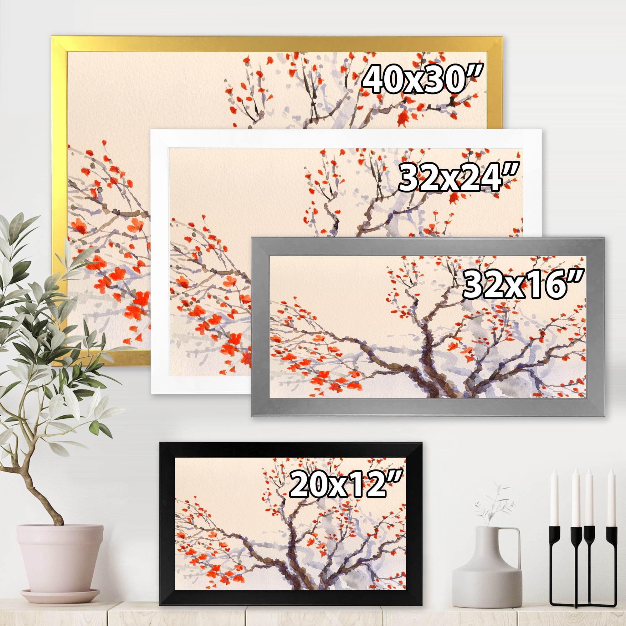 Buds and Red Flowers On The Spring Blossoming Tree 20 in x 12 in Framed Painting Canvas Art Print, by Designart