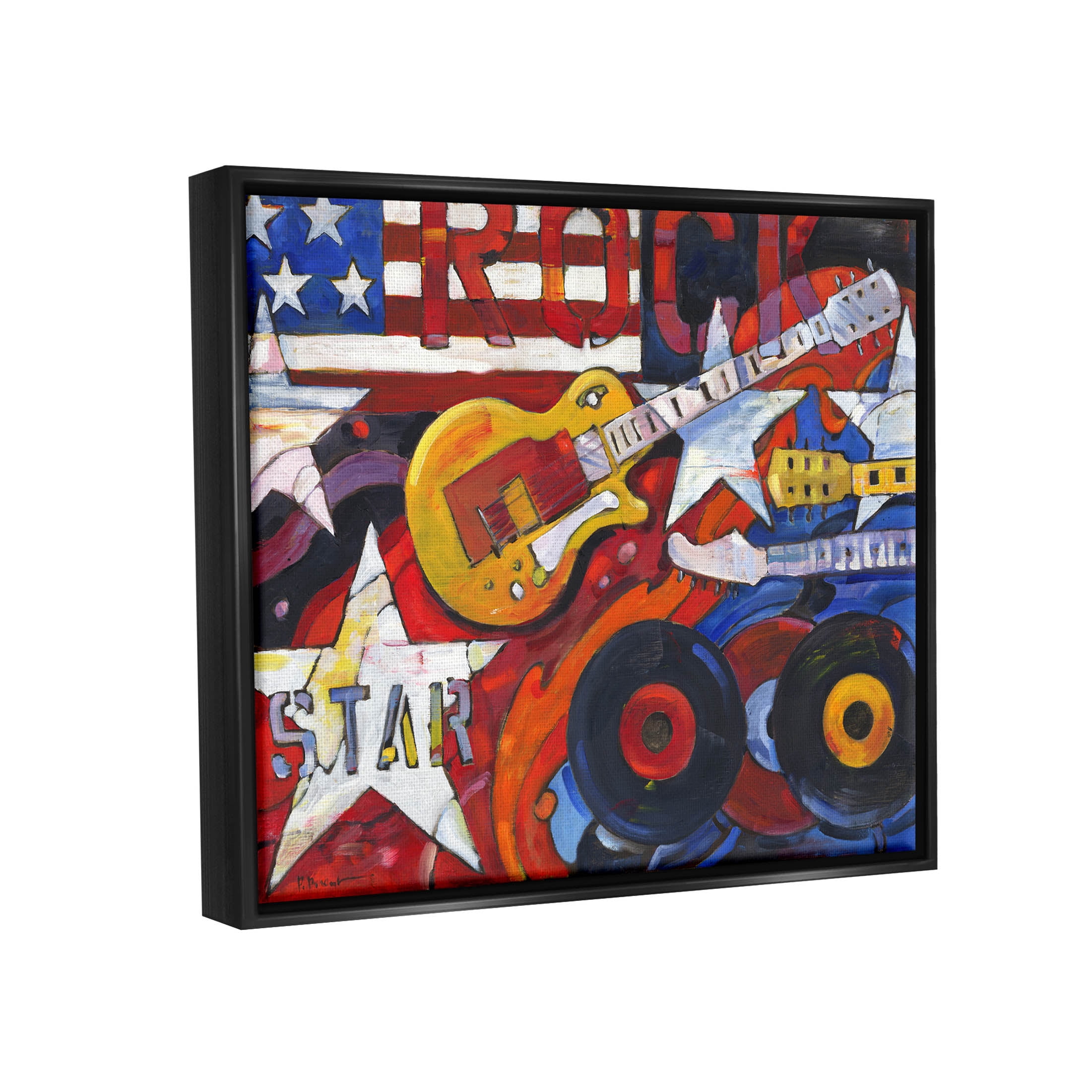 Stupell Industries Rockstar Americana Music Tribute Painting Jet Black Floating Framed Canvas Print Wall Art, Design by Paul Brent