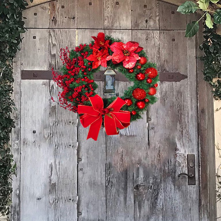 Christmas Wreaths for Front Door Xmas Art Decorations Thanksgiving Day  Indoor Outdoor Home Decorative Wreath Three Red Flowers Pine Cones Fruits