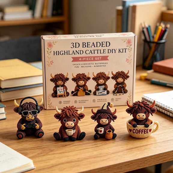 7.87" 3D Highland Cattle DIY Craft Kit, Cute Cow Figurine Making Set, Complete Beading Supplies with Tutorial, Desktop Ornament Handcraft Kit for Adults Beginners